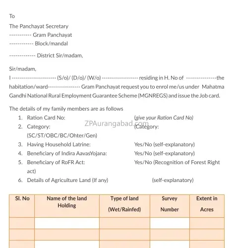 Nrega Job Card Application form